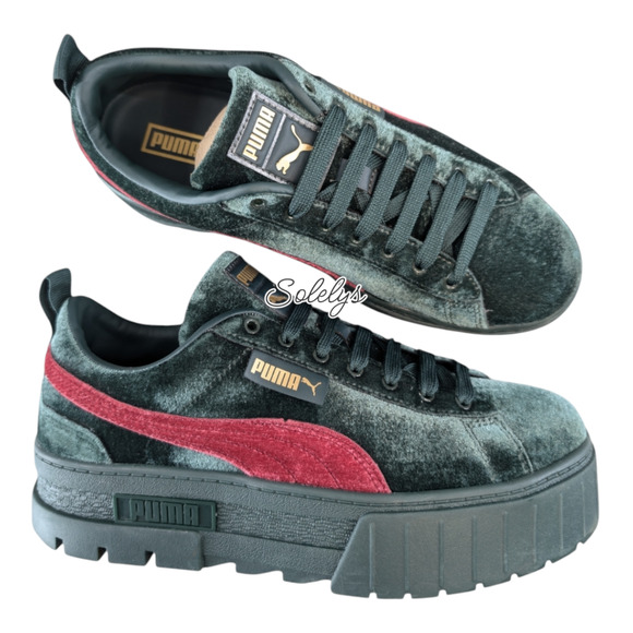 PUMA Mayze Womens 8 Velvet Green Gables Red Team Gold Low Top Platform Sneaker - Picture 1 of 12